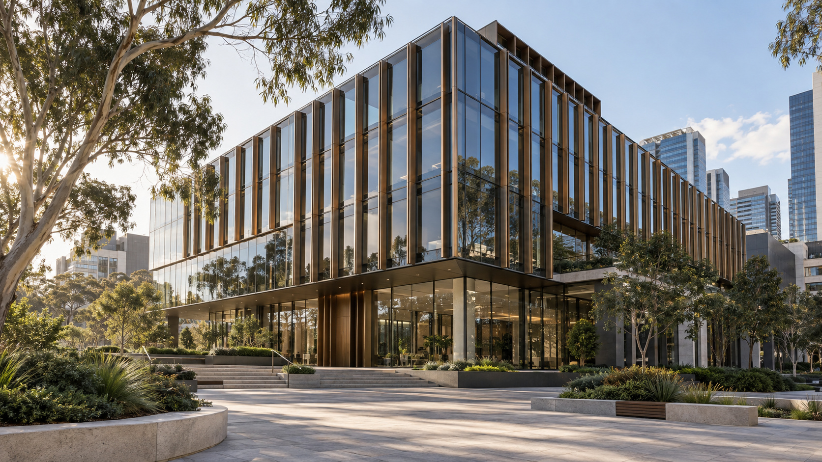 Illustrative commercial glass office with bronze fins and landscaped forecourt; not a SOLNEX project