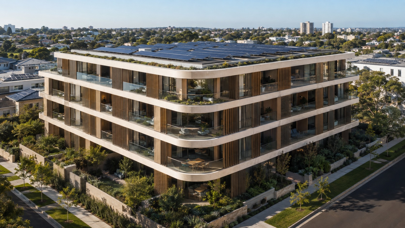 Apartment concept with recessed balconies and low-tilt rooftop solar
