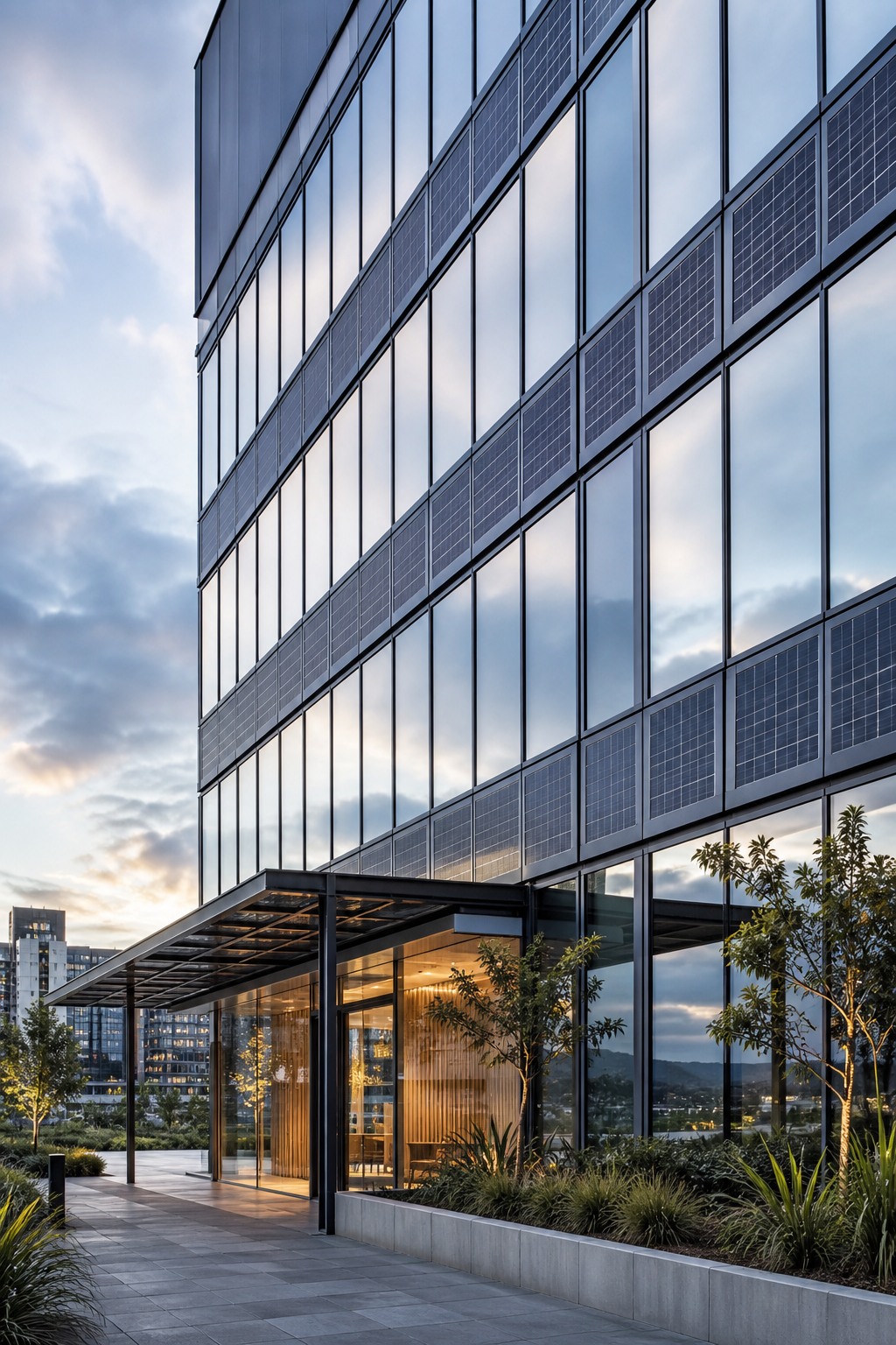 Illustrative facade with distinct vision glazing and photovoltaic spandrel zones; not a specified assembly