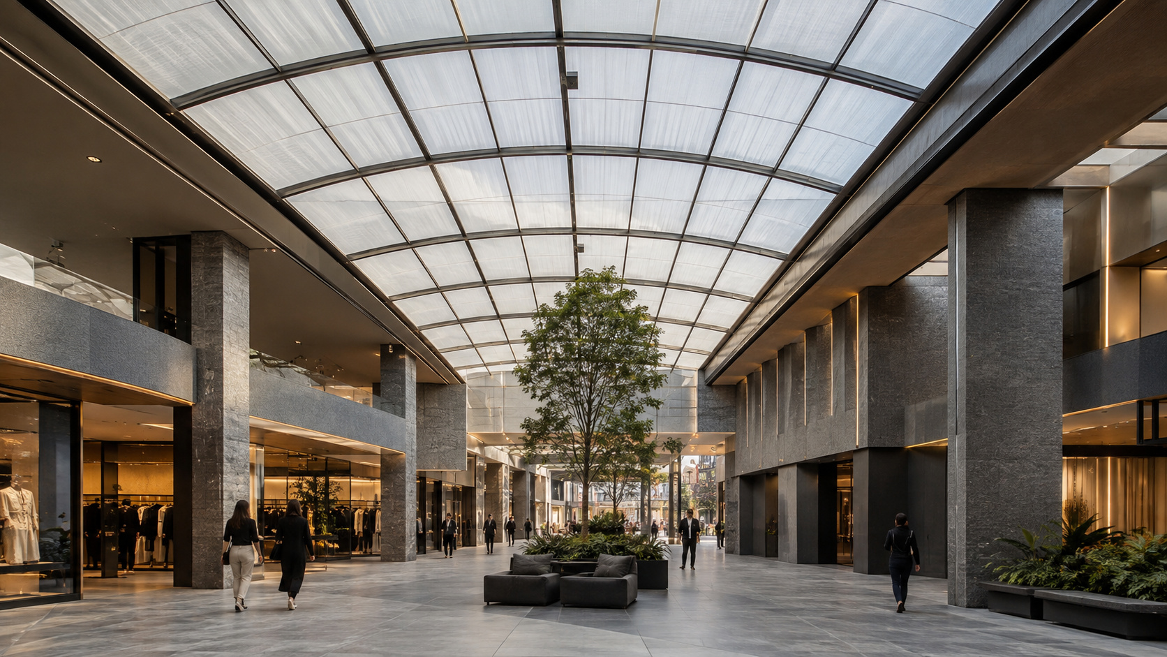 Illustrative retail atrium with daylight through an architectural solar-glass roof