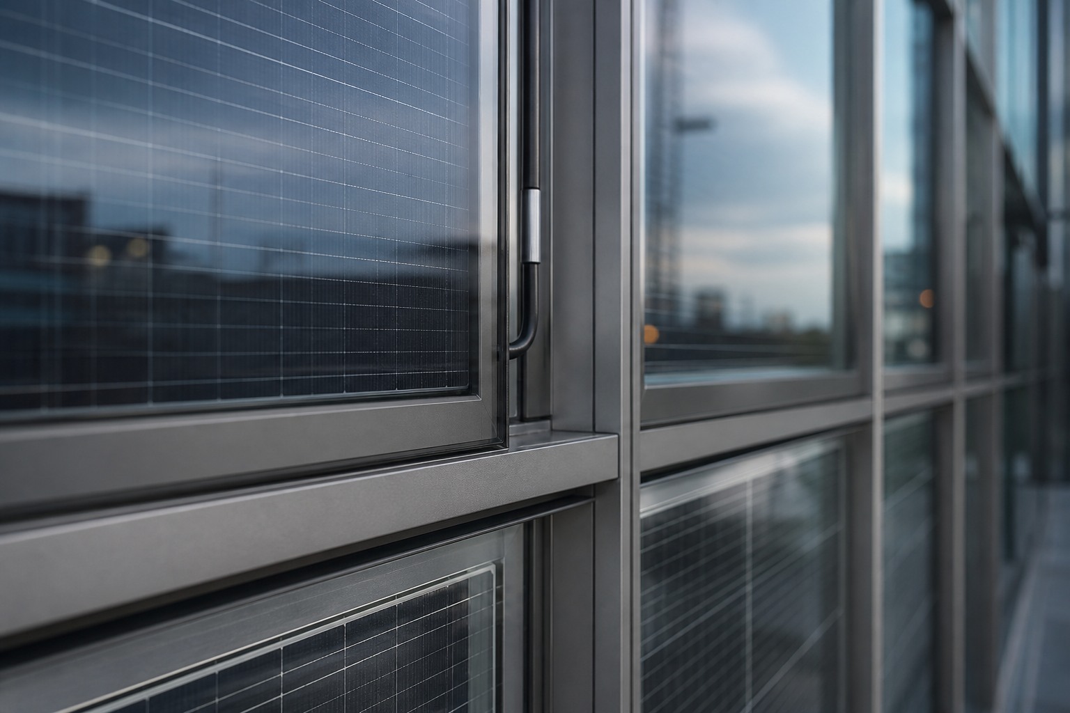 Illustrative photovoltaic glass and framing detail, not a product sample