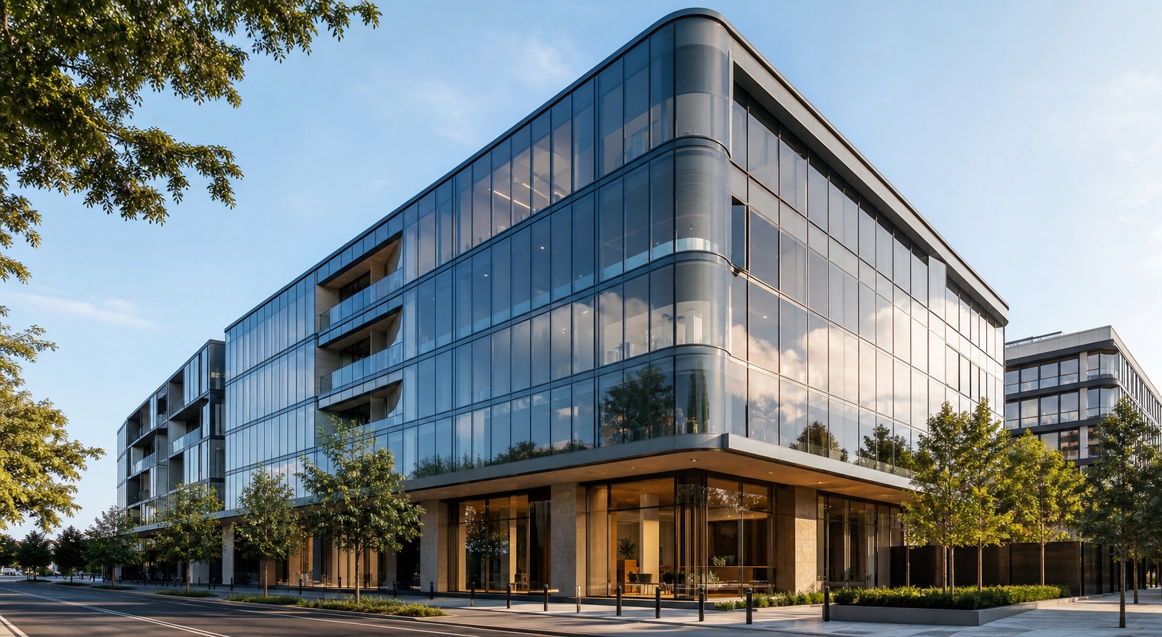 BIPV concept with clear architectural glazing and refined façade proportions