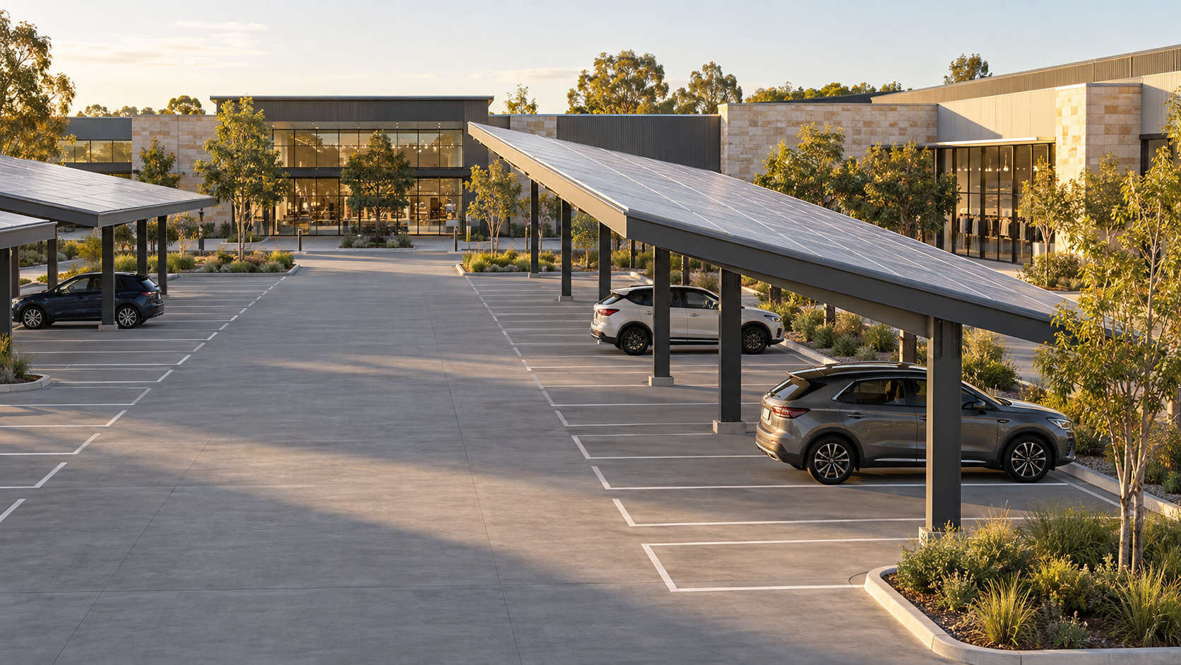 Illustrative shopping-centre carpark with overhead photovoltaic canopies shading multiple rows of cars
