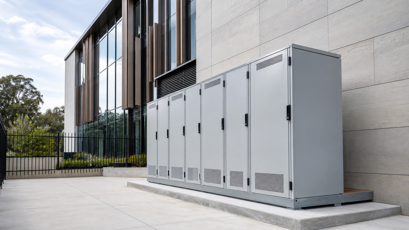 Illustrative freestanding commercial battery cabinets in a building services courtyard; not specified equipment