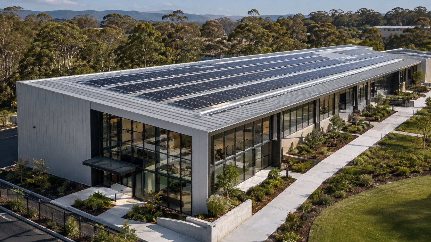 Illustrative commercial building with an orderly rooftop PV system