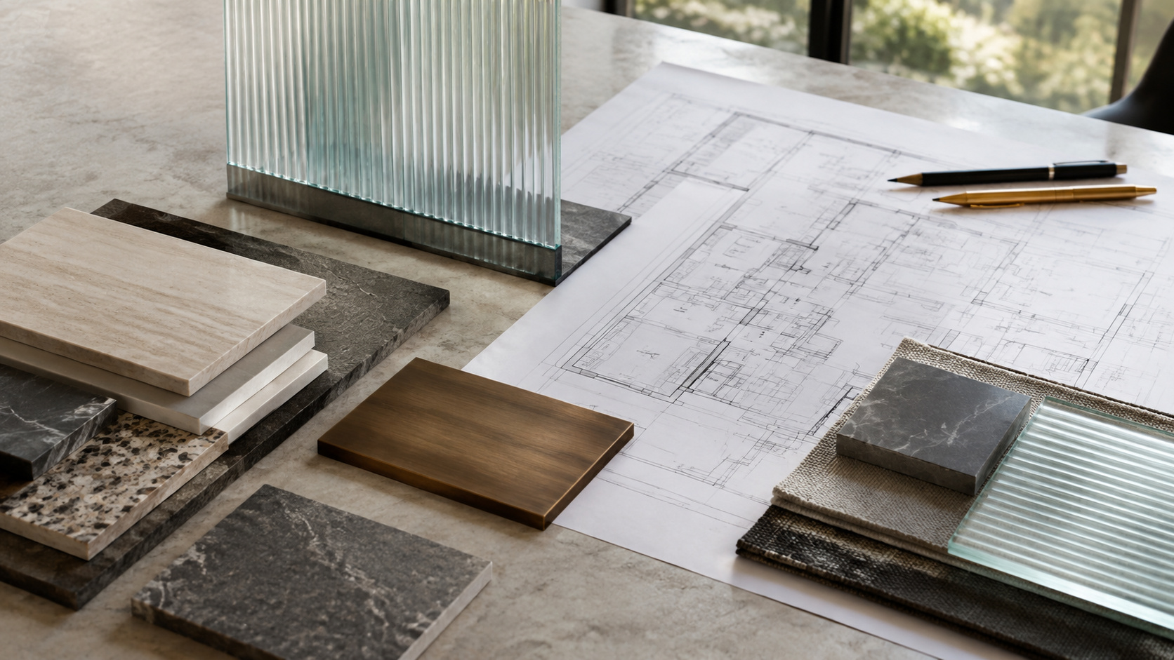 Illustrative design table with plans and anonymous material pieces, not actual product samples