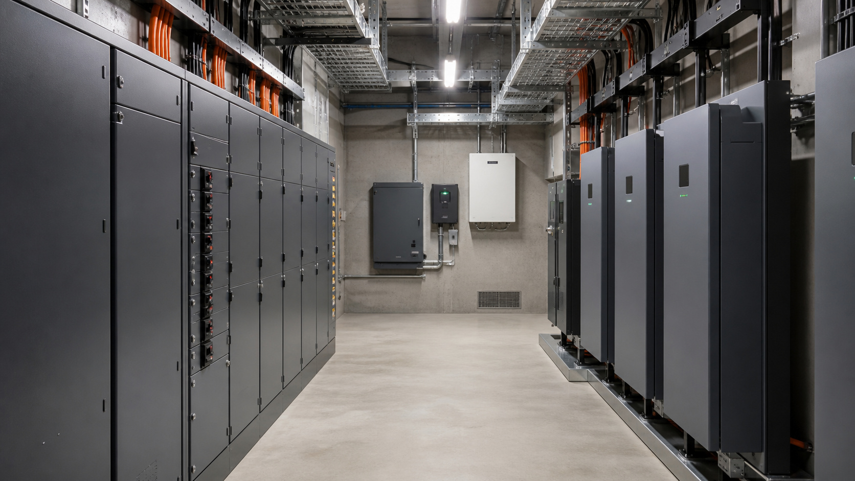 Illustrative commercial electrical room with closed equipment and organised cable routes
