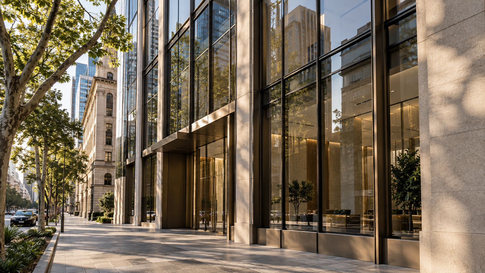 Illustrative existing commercial curtain wall with sunlight, shading and neighbouring buildings