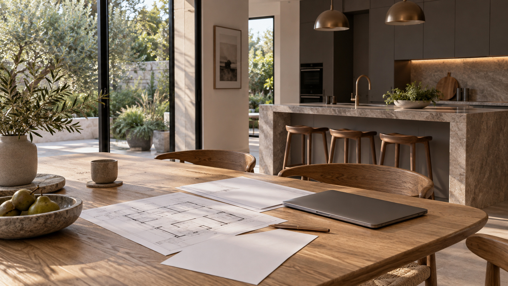 Illustrative contemporary home with planning documents