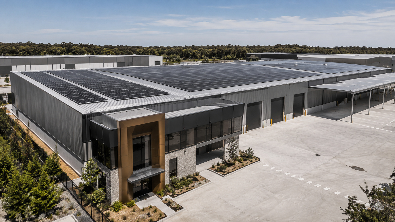 Illustrative Australian logistics building with rooftop PV and loading forecourt