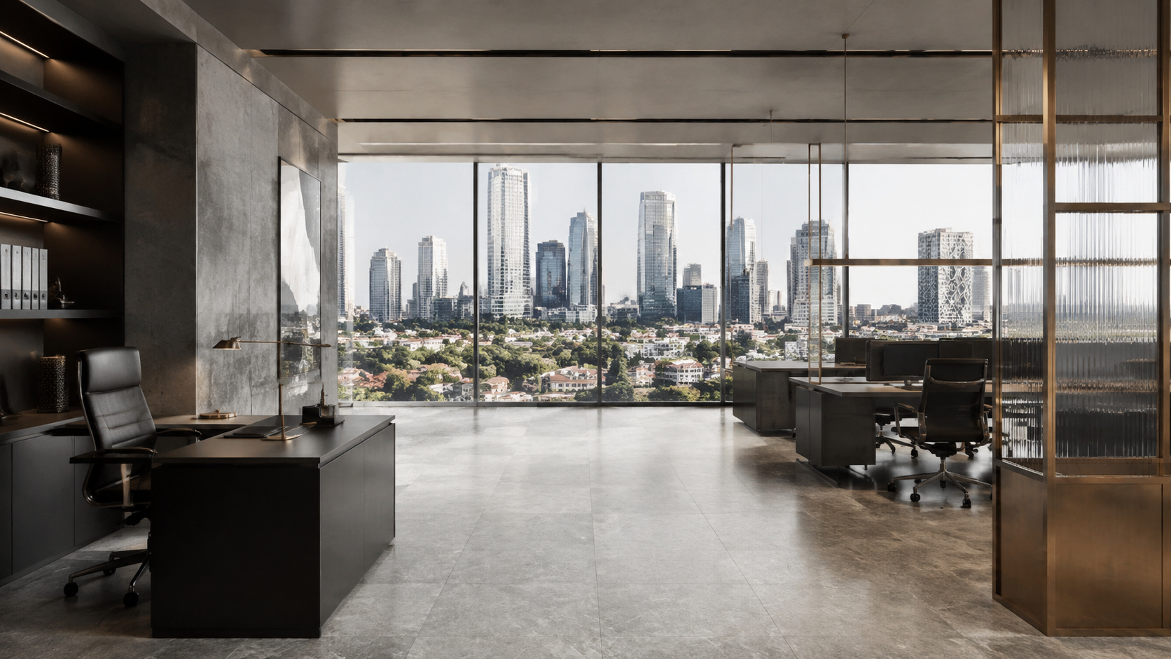 Illustrative contemporary office interior beside full-height city-facing glazing