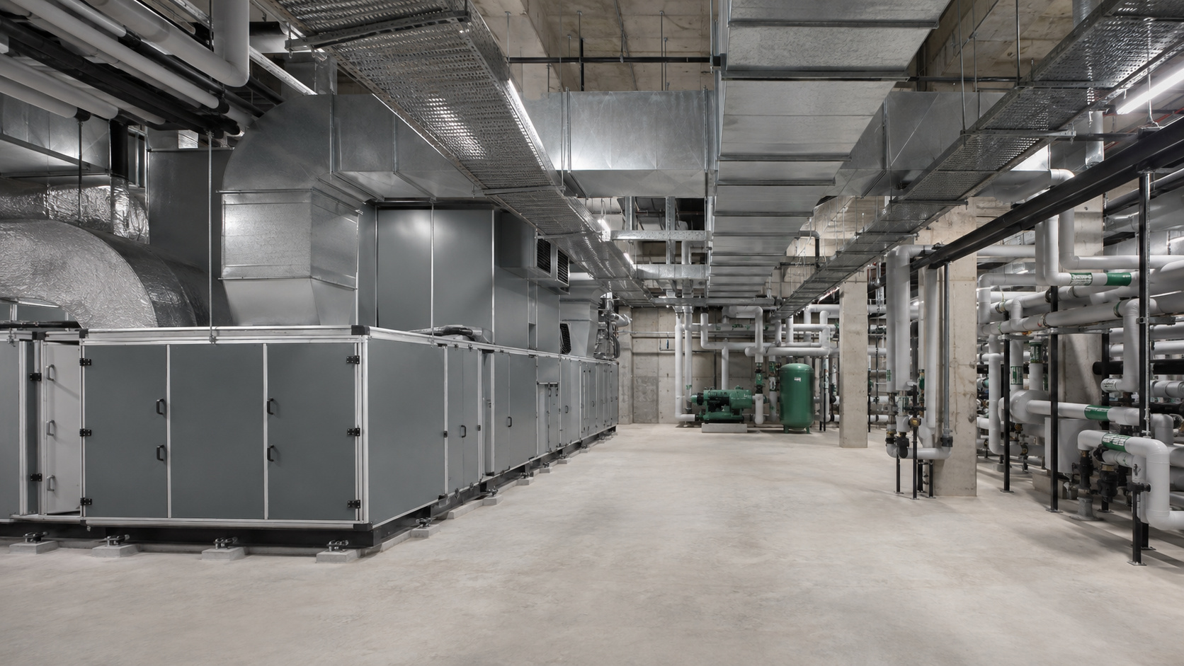 Illustrative commercial building plant room with closed equipment and organised services