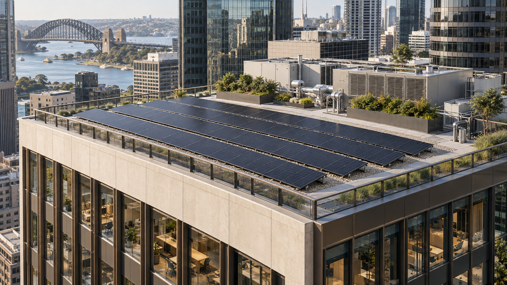 Illustrative Australian office rooftop with PV, plant setbacks and access lanes