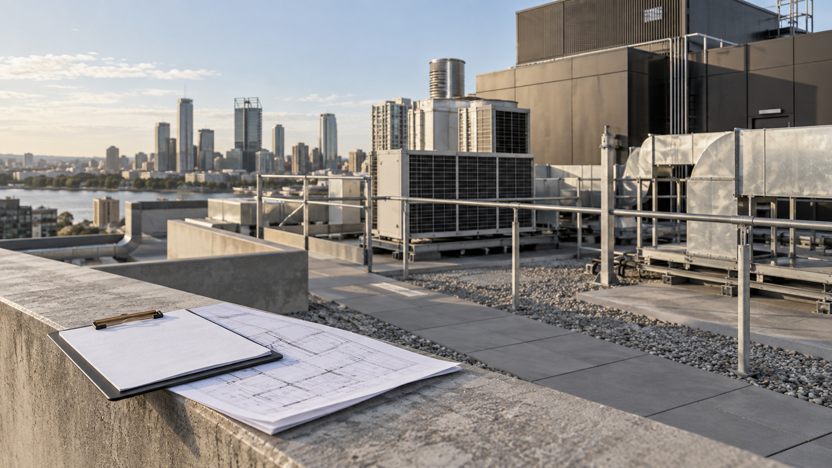 Illustrative roof assessment context with plant access and survey notes