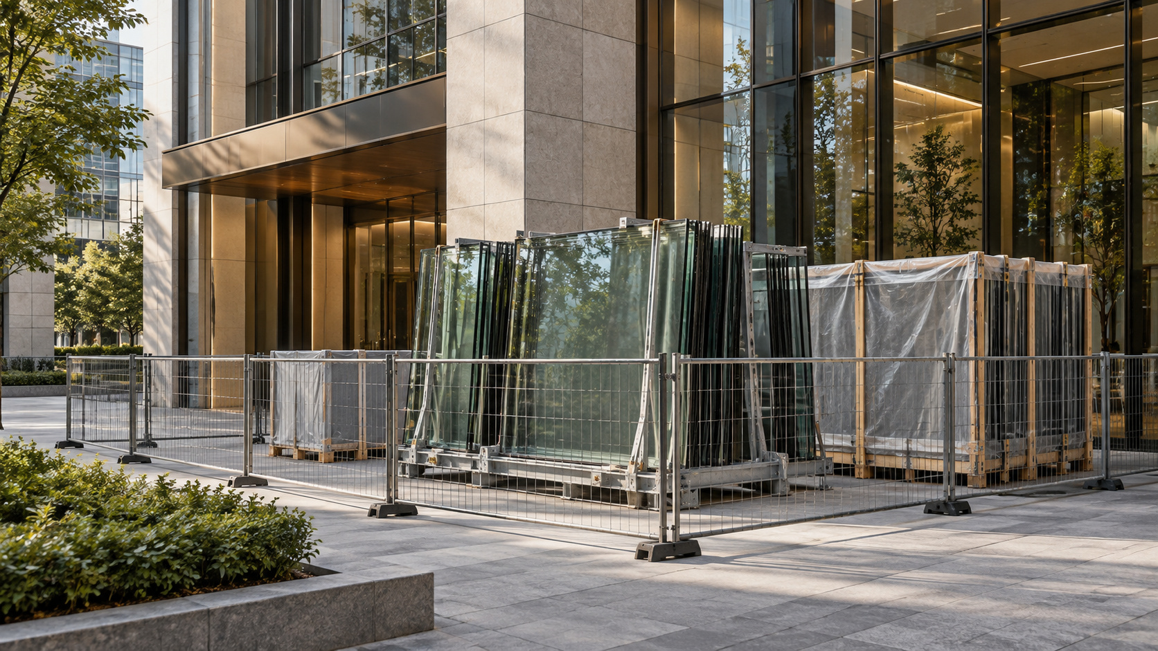 Illustrative contained facade renewal zone with staged glass on support frames