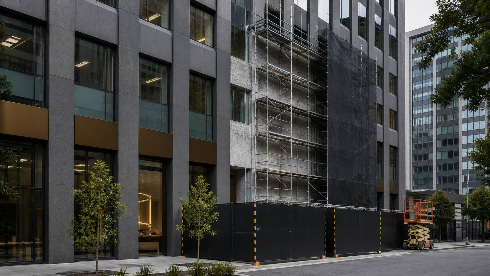 Illustrative commercial façade refurbishment with a defined work area