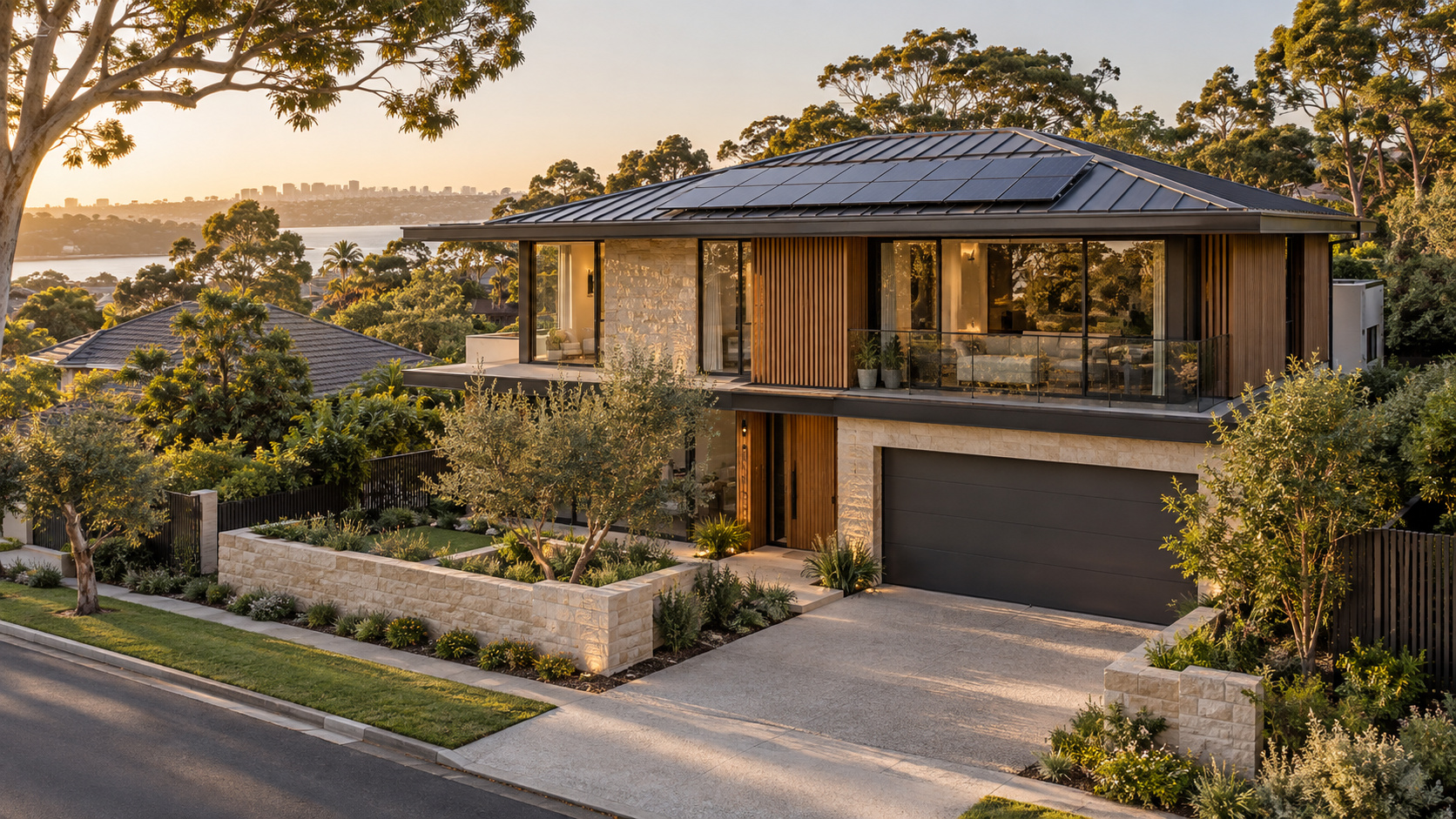 Illustrative modern Australian two-storey home with stone, timber, glazing and roof-mounted PV