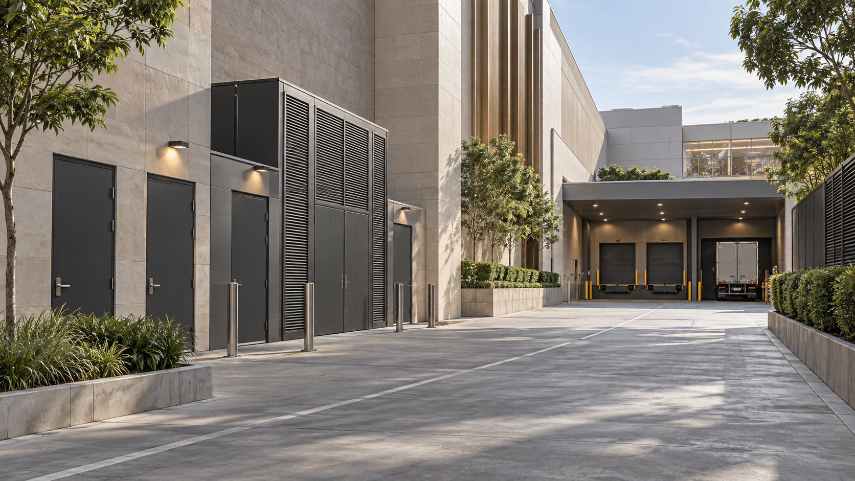 Illustrative shopping-centre loading access and closed building services
