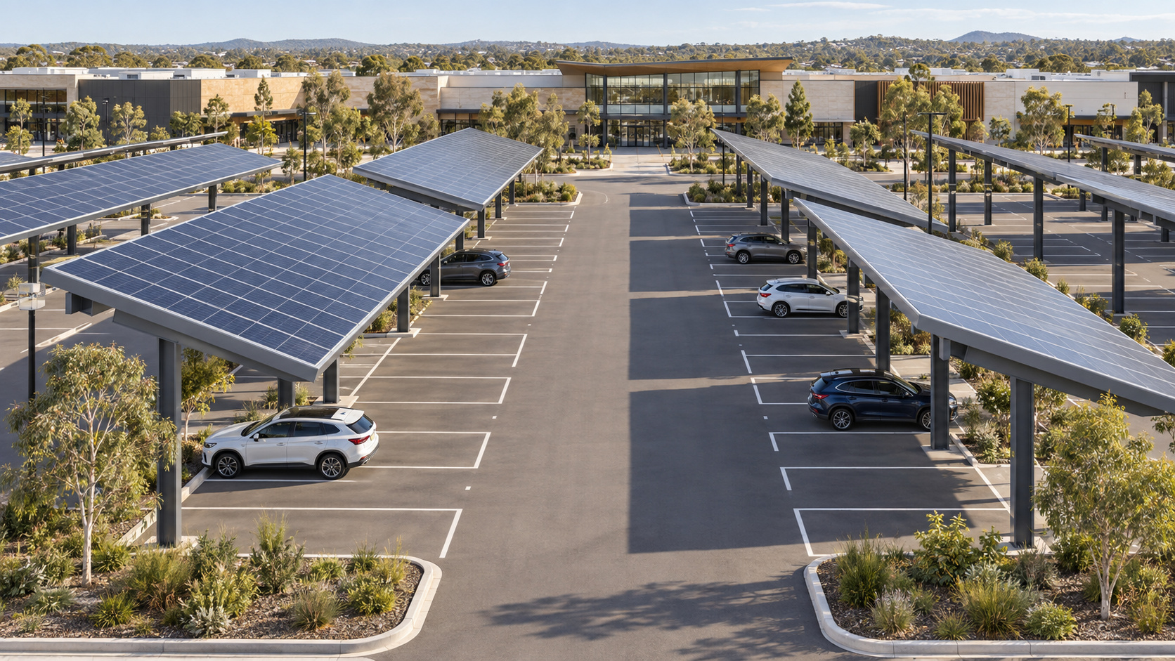 Illustrative shopping-centre ground carpark with repeated photovoltaic shade canopies