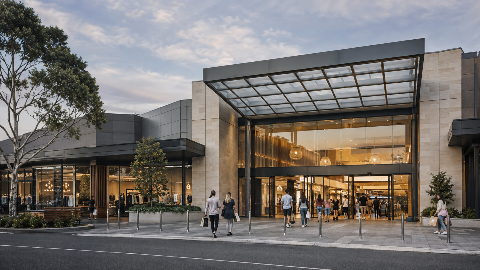 Illustrative Australian shopping centre entrance with architectural glass canopy