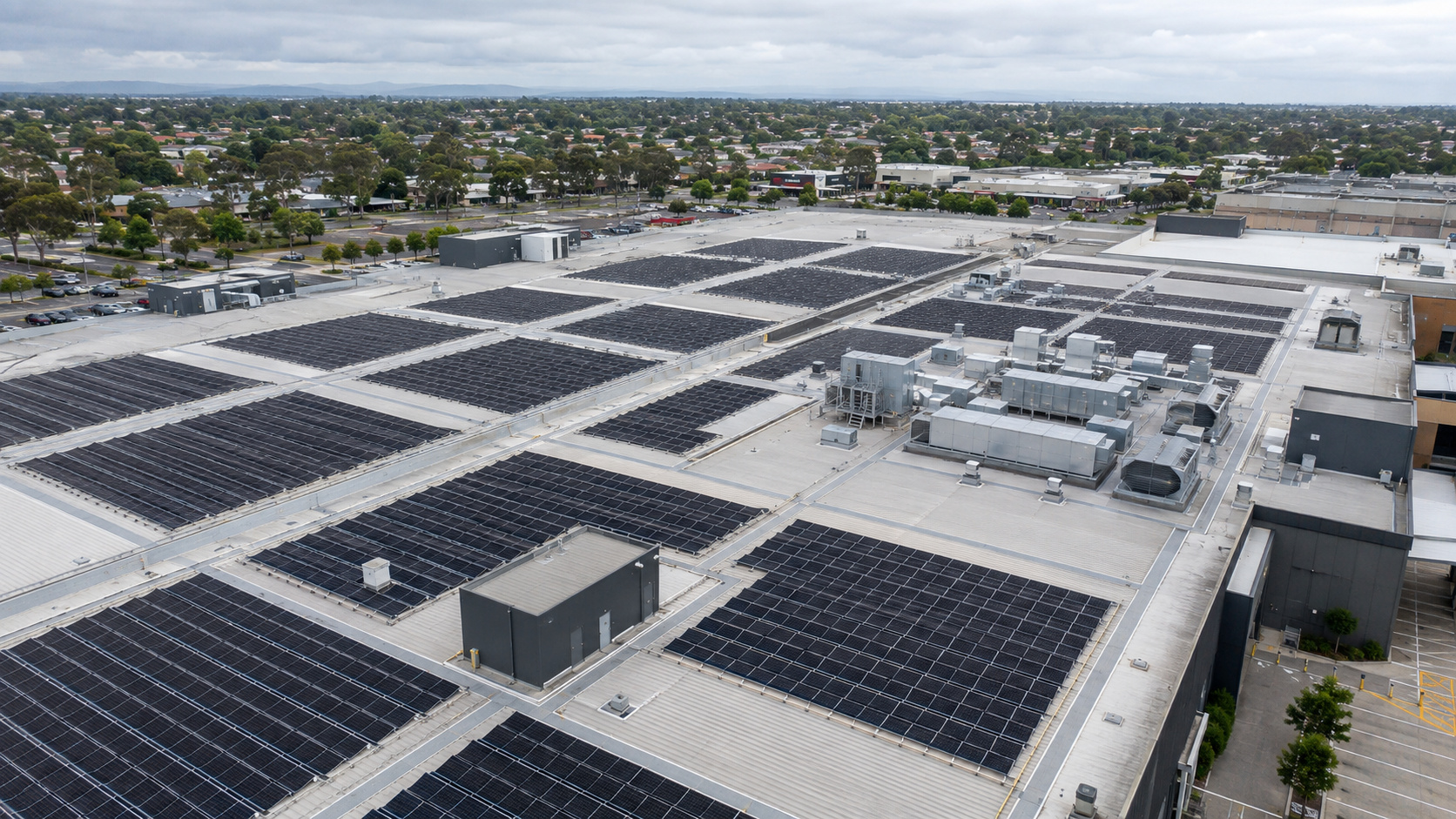 Illustrative shopping-centre rooftop PV layout with separated plant and access lanes