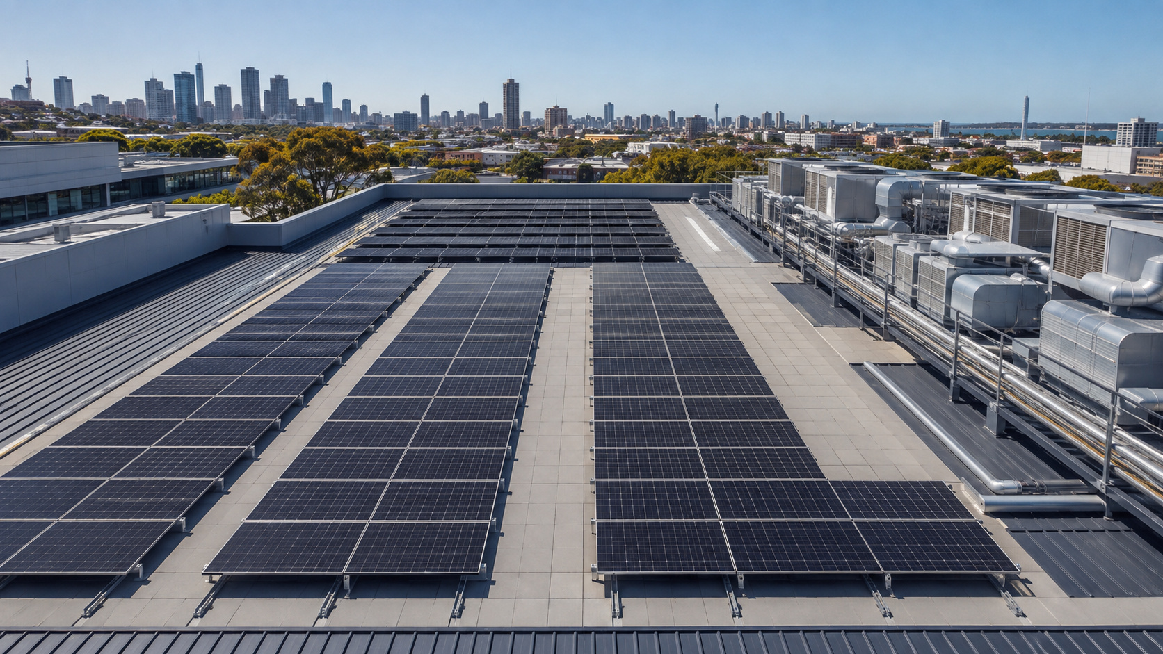 Illustrative commercial rooftop PV rows with separate building plant and access paths