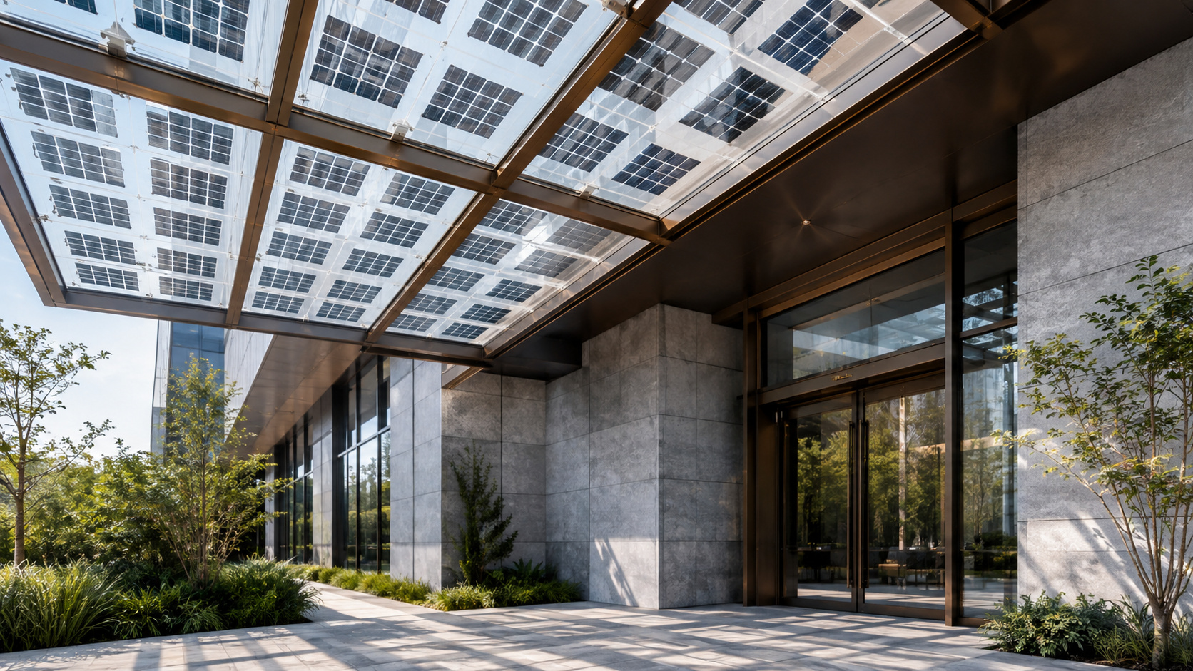 Illustrative entrance canopy with photovoltaic cells spaced within overhead glazing; not a product sample