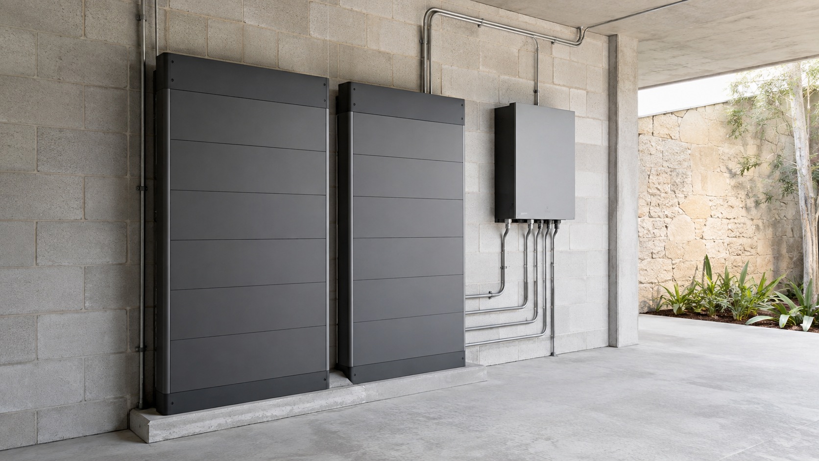 Illustrative battery cabinets and inverter in a considered building service courtyard