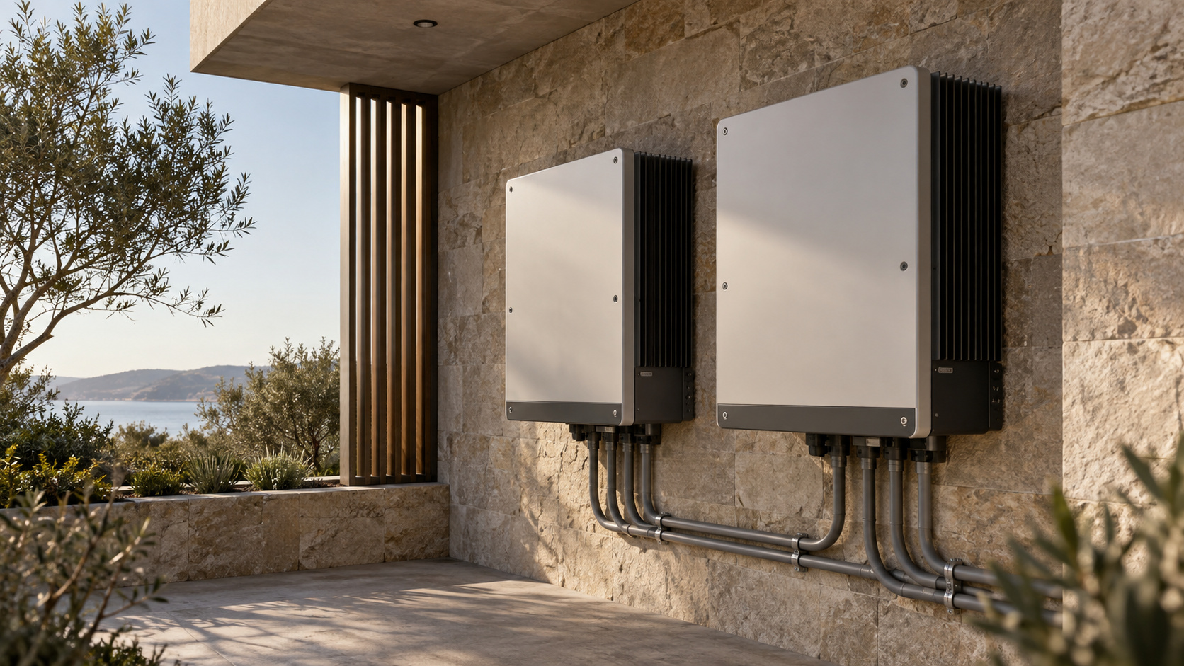Illustrative closed string inverters with organised cable routes; not specified equipment