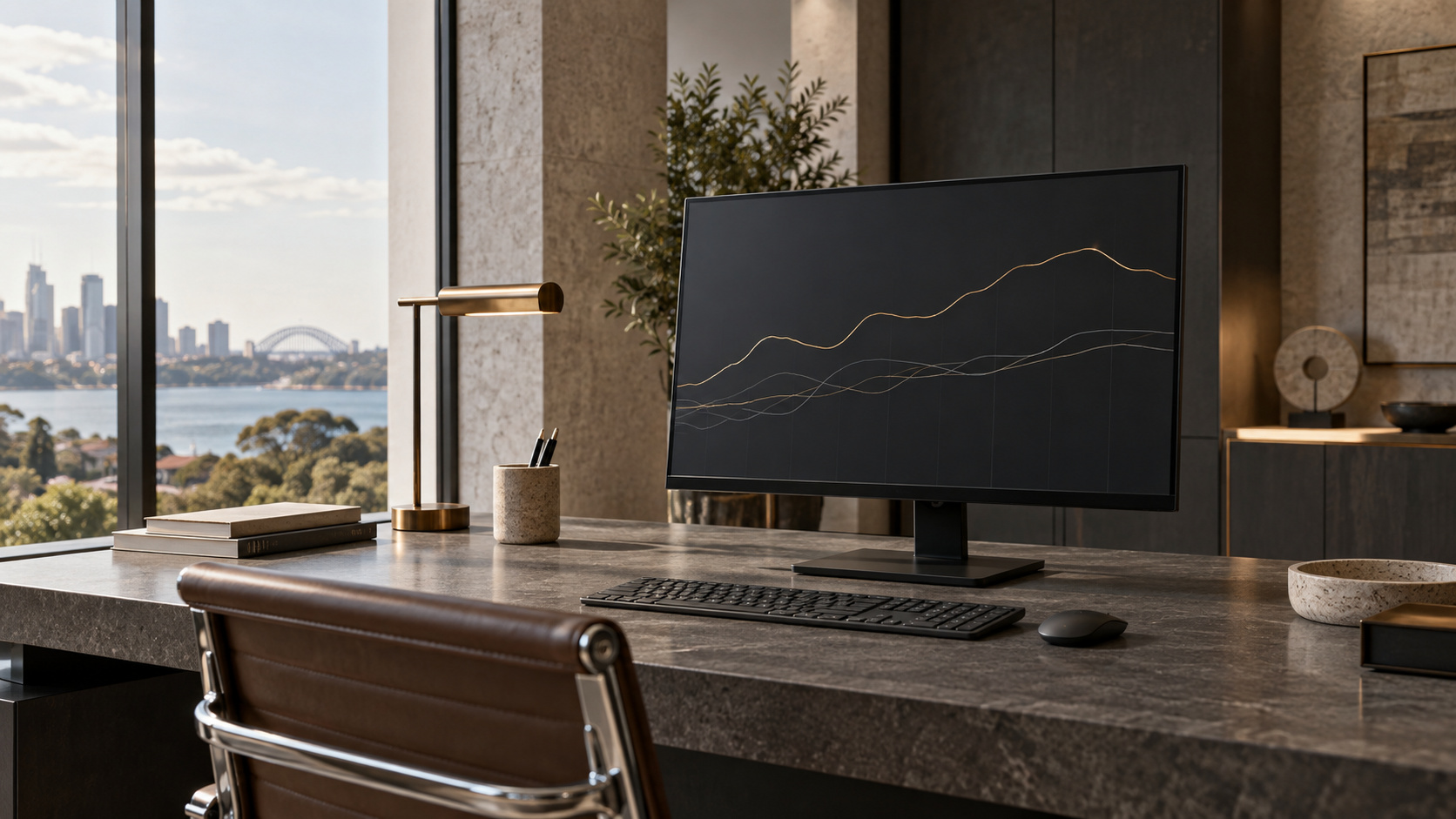 Illustrative monitoring workstation with abstract trends, not measured performance